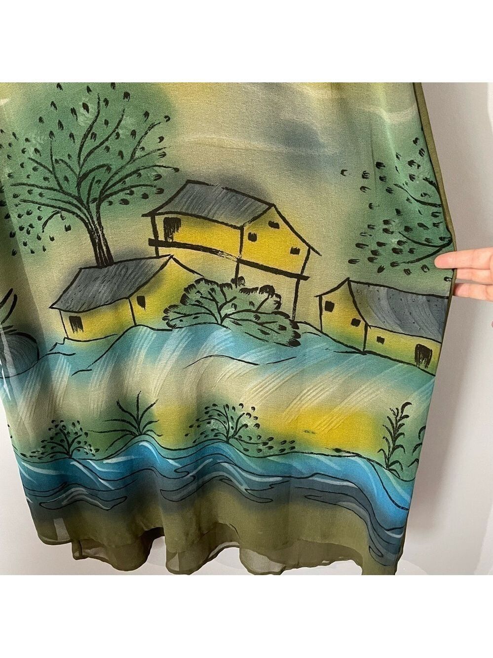 Vintage Artsy Chiffon Maxi Dress Sz M Green Oversized Relaxed Scenic Unique EUC